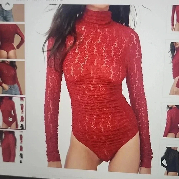 FREE PEOPLE SHEER LACE LONG SLEEVE BODYSUIT RED WINE SIZE S - Picture 4 of 5